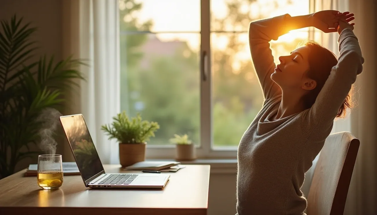 Person stretching beside a laptop on a desk with a steaming cup and plants by a sunlit window.