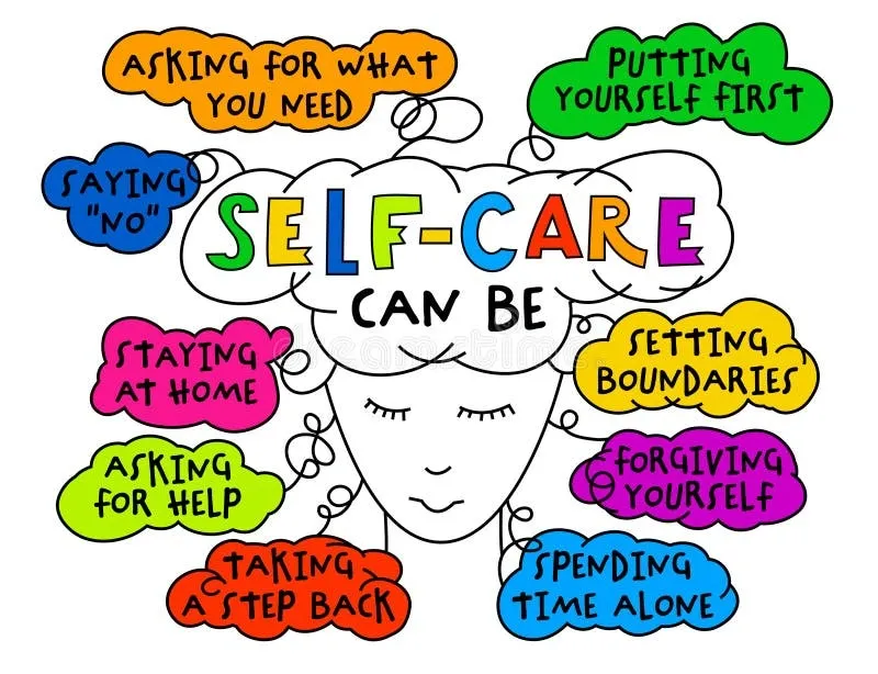 Illustration of a peaceful face surrounded by colorful bubbles listing self-care actions like saying no and setting boundaries.