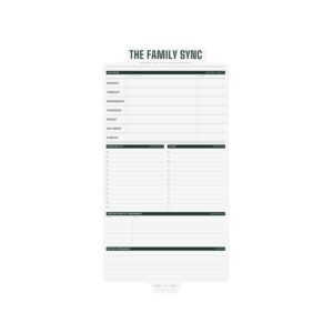 The Family Sync weekly planner page showing days Monday–Sunday with columns for plans, dinner, and to-do items for the week.