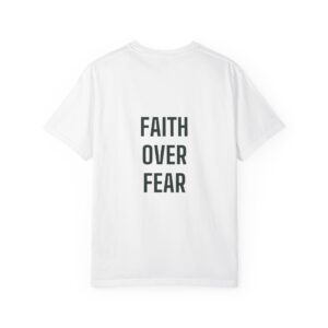 White T-shirt laid flat with bold black text stacked vertically reading 'FEAR' over 'FEAR' (repeated).