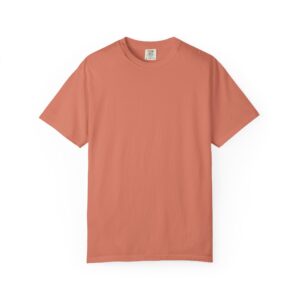 Coral T-shirt with visible label at neck, cropped view of shoulders and sleeves