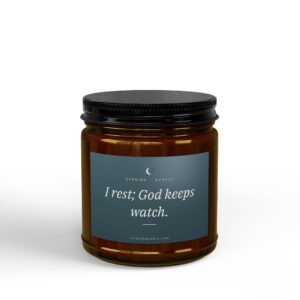 Amber glass jar with a black screw cap; label shows 'Evening Exhale' and the phrase 'Rest; God keeps watch'.