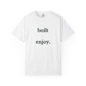 Close-up of a white T-shirt with large black typography reading 'built' partially visible at chest level.
