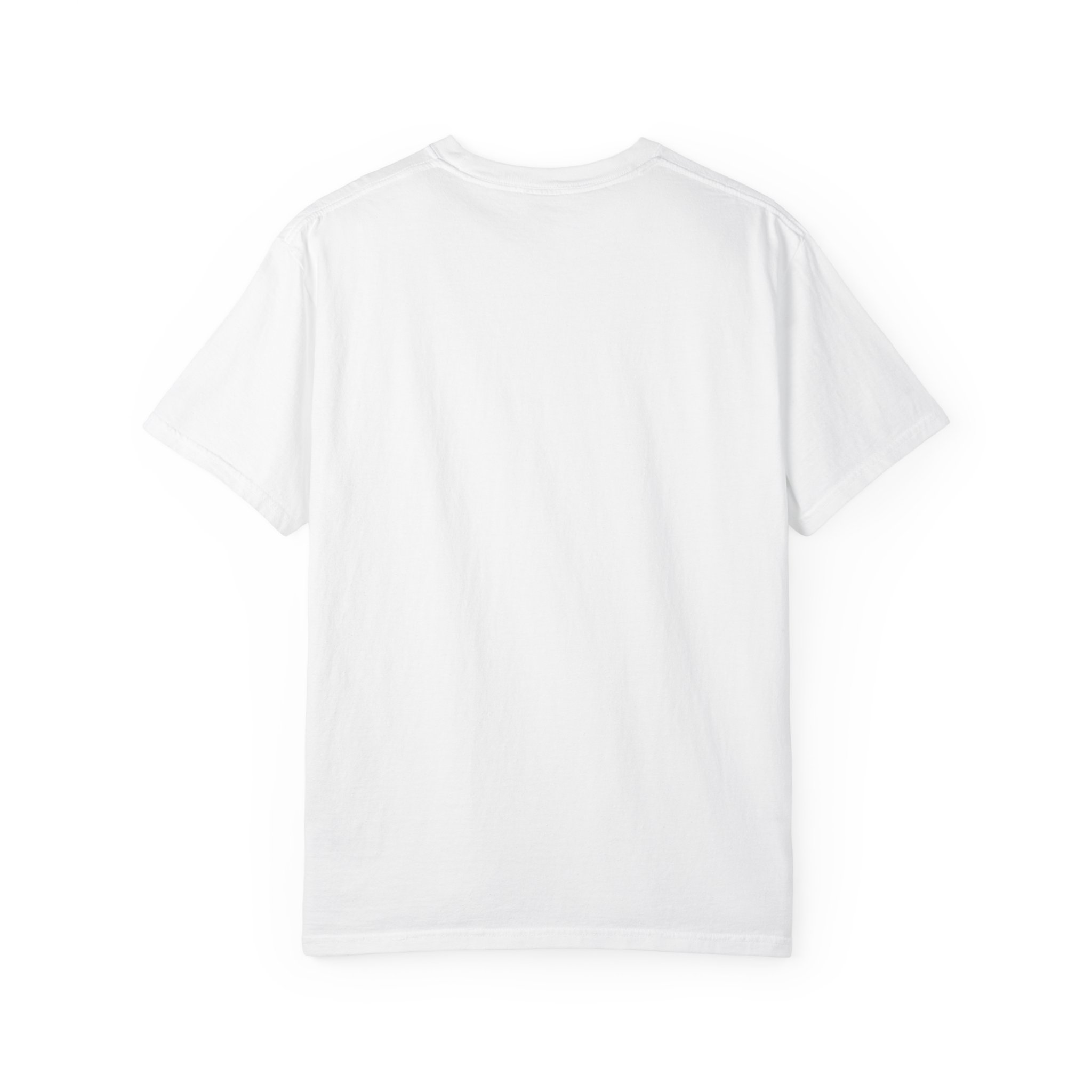 Back view of a plain white short-sleeve T-shirt laid flat on a white background.