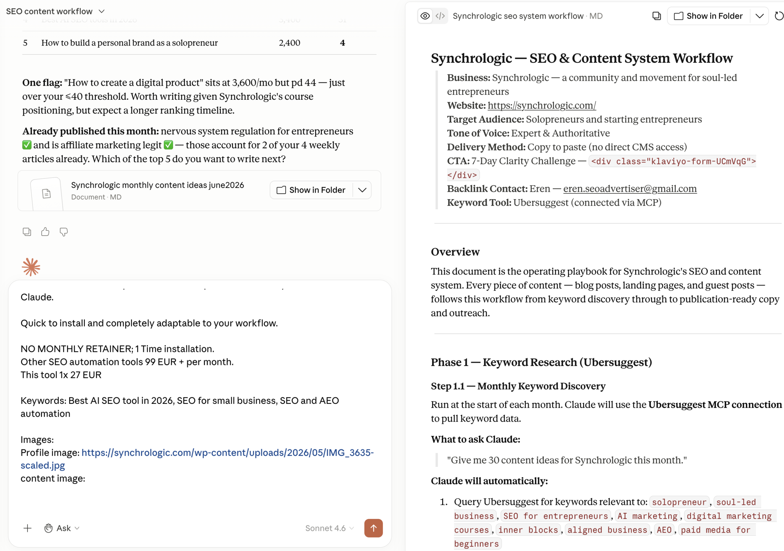 SEO and AEO automation workflow running inside Claude AI — Synchrologic plugin output