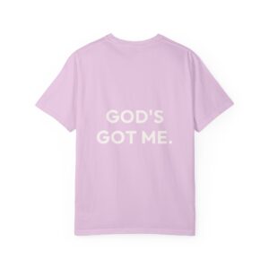 Back view of a lavender T-shirt with large white text reading GOD'S on the back.